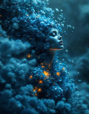 The primary subject of the image is a woman with a blue headpiece, surrounded by a blue and white floral background. The setting appears to be a blue and white flower garden, with the woman's headpiece resembling a flower. The visual style of the image is a digital art or illustration, creating a surreal and dreamy atmosphere. The dominant colors in the image are blue and white, with the woman's headpiece adding a pop of color to the scene.